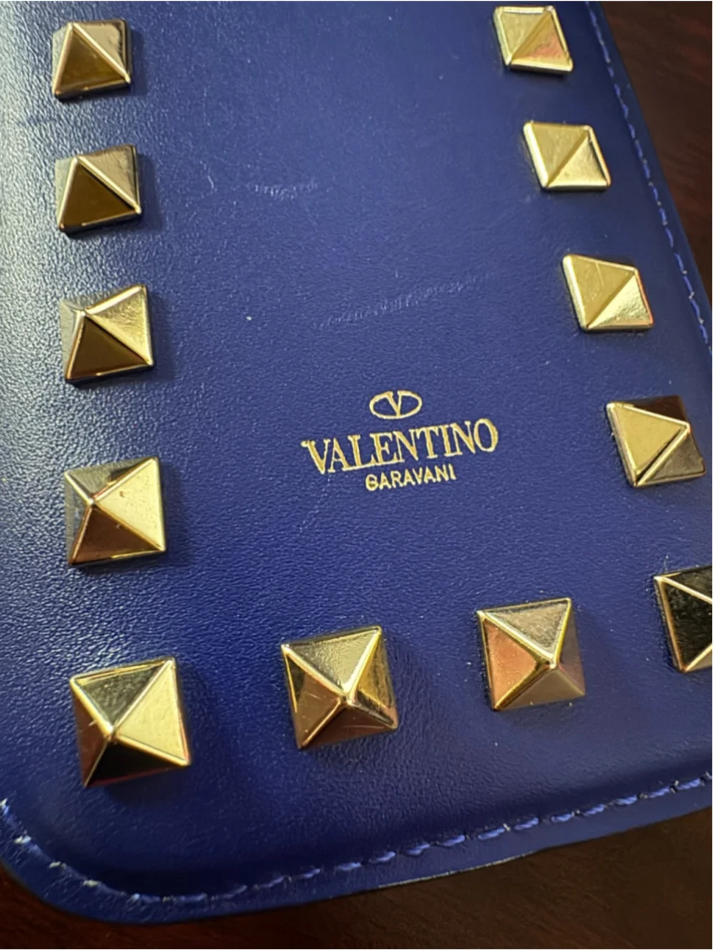 Valentino Garavani Blue Rockstud Leather Phone Sleeve Pouch Made in Italy